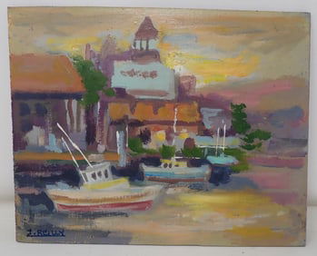 John Reilly Boat Yard Oil on Board Painting