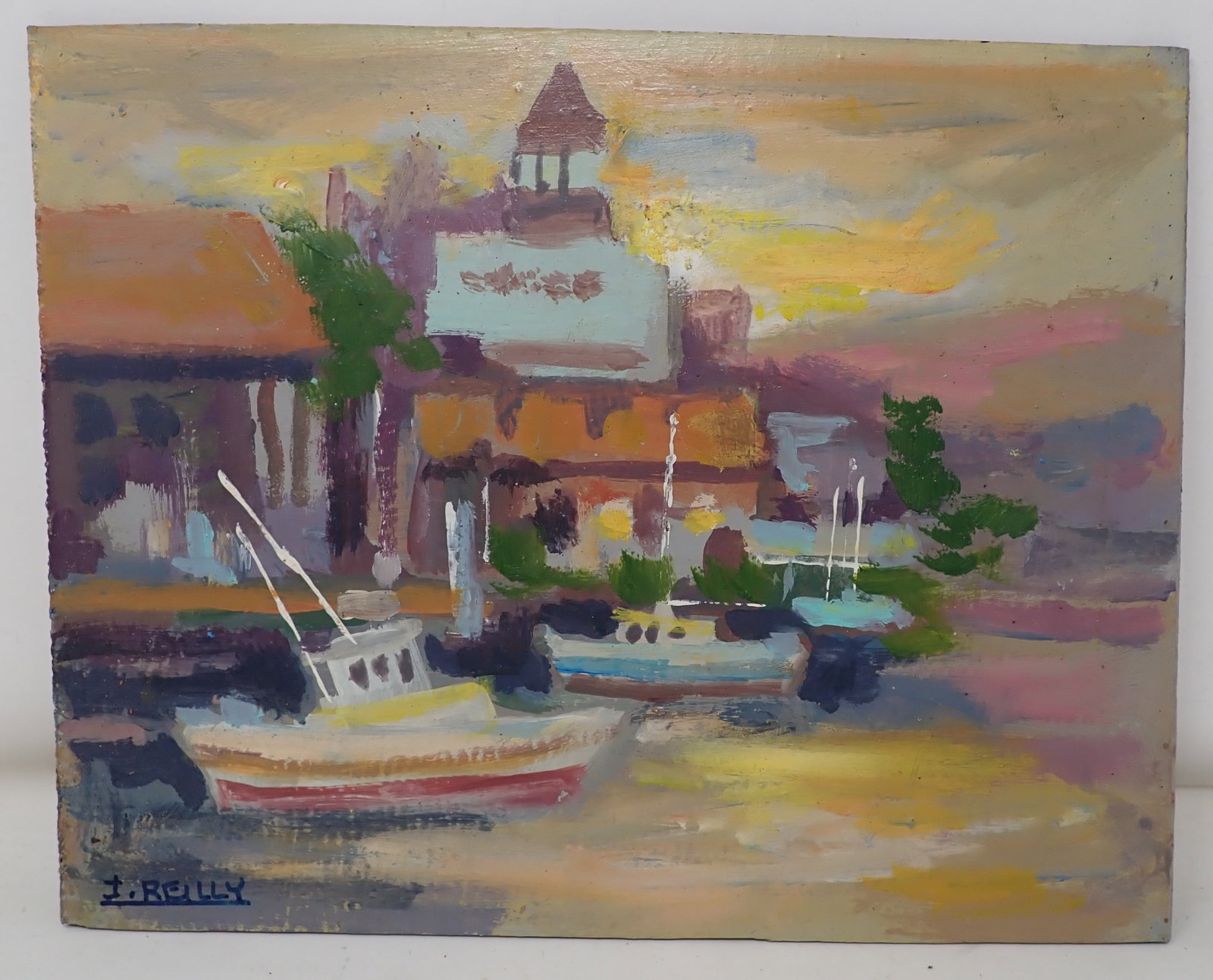 John Reilly Boat Yard Oil on Board Painting: Signed painting is approx 8" x 10"