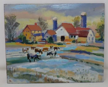 John Reilly Winter Farm Scene Oil on Board Painting