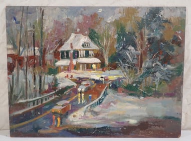 John Reilly Pottersvile Winter Scene Oil on Board Painting