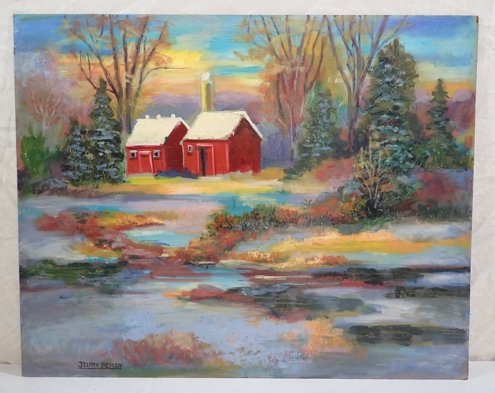 John Reilly Barn Oil on Board Barn Painting: Signed Painting is apprx 24" x 30" . If shipping is needed, contact UPS Store 5528 to get a quote BEFORE bidding. There will be NO refunds because of shipping price. Their number is (908)213-6838 and 