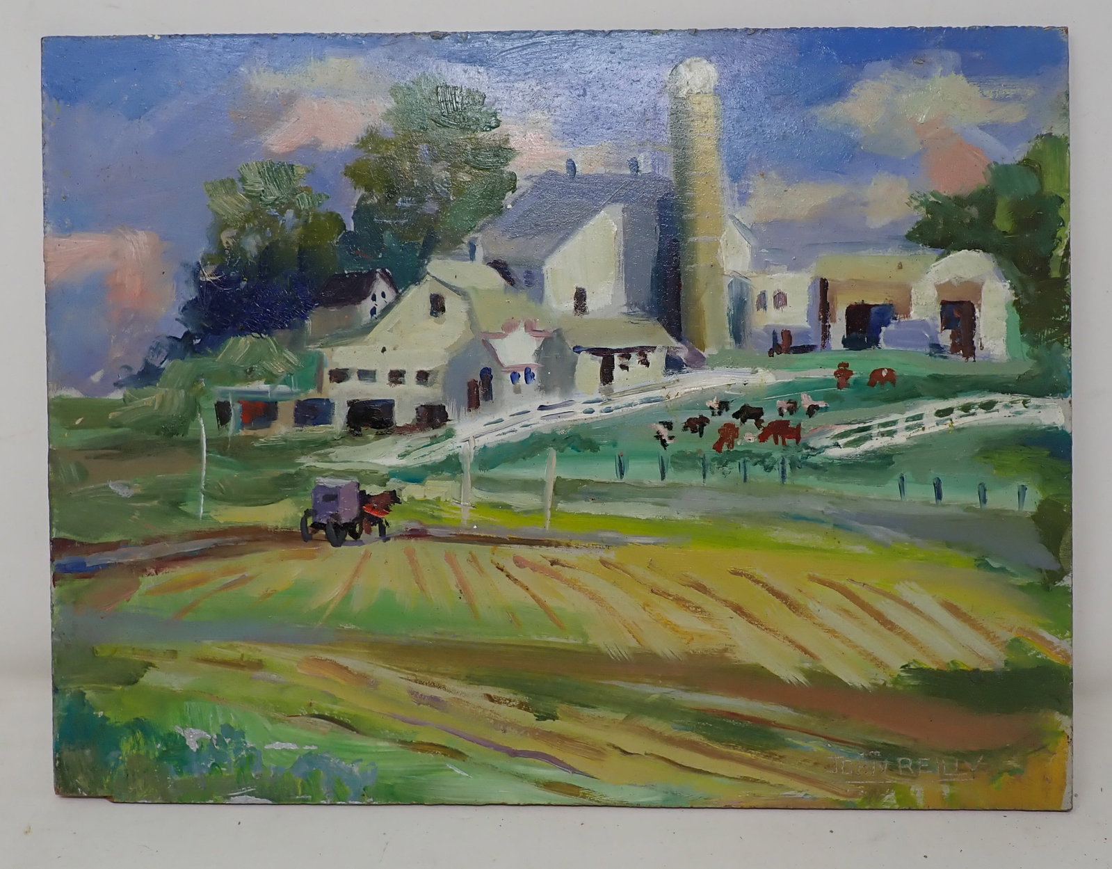 John Reilly Amish Farm Oil on Board Painting: Signed painting is apprx 9" x 12" .