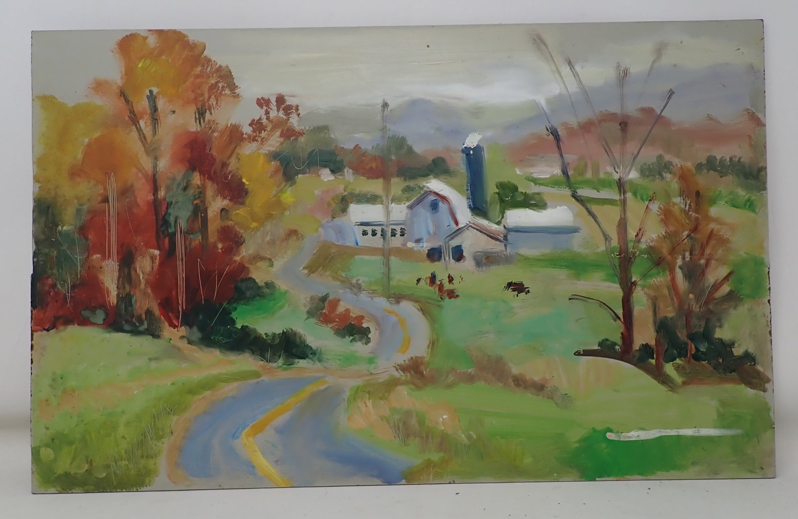 John Reilly Country Road Oil on Board Painting: Approx 11 1/4" x 18"