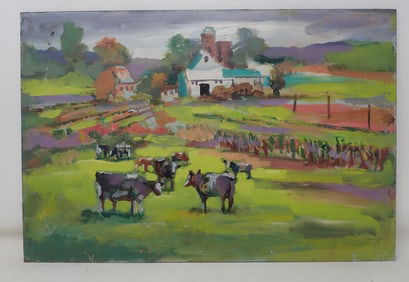 John Reilly Cow Farm Oil on Board Painting