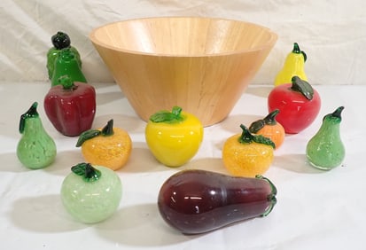 Glass Fruit & Wooden Bowl