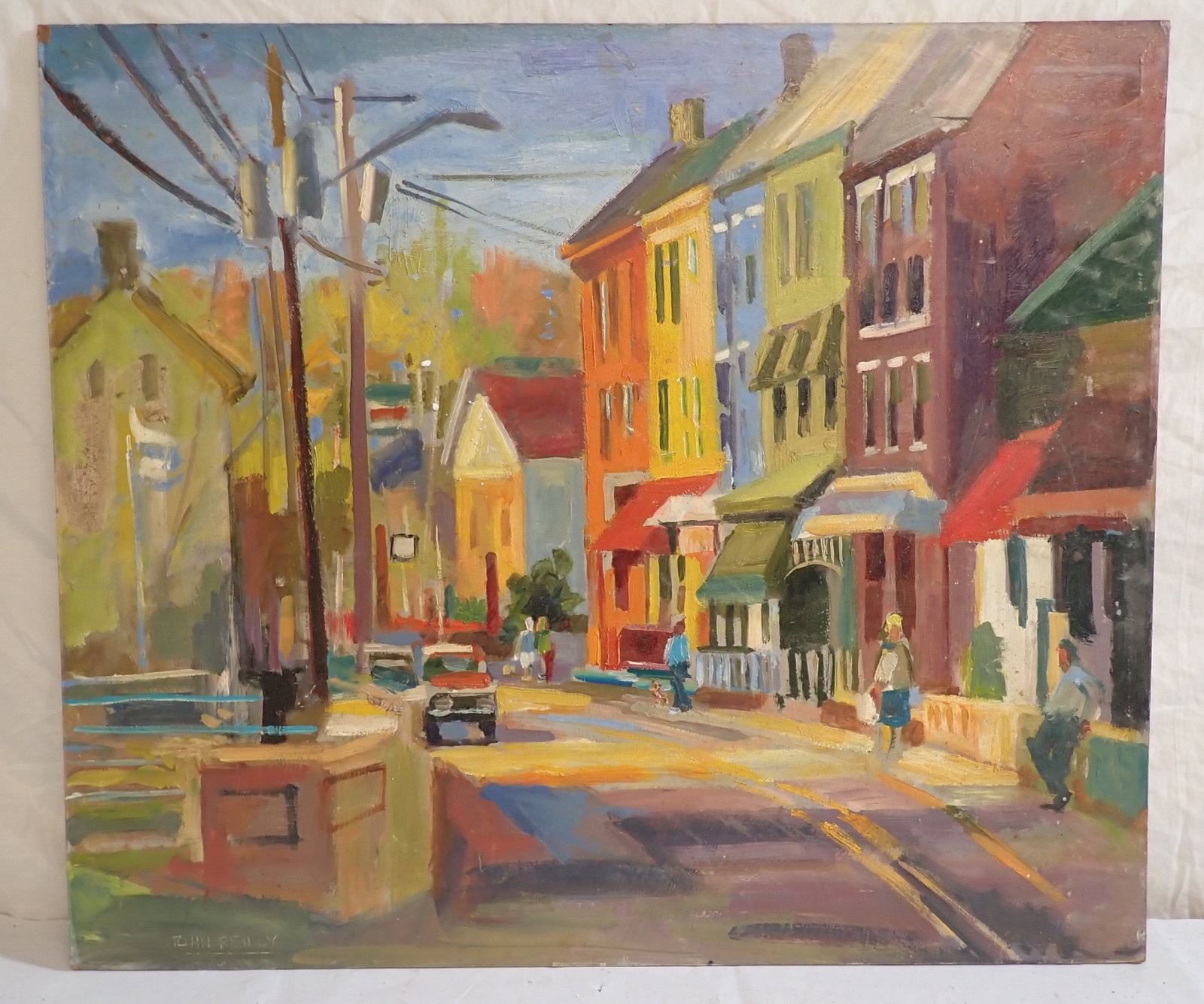 John Reilly South Main St. Oil on Board Painting: Signed Painting - Approx 24" x 28". If shipping is needed, contact UPS Store 5528 to get a quote BEFORE bidding. There will be NO refunds because of shipping price. Their number is (908)213-6838 and s