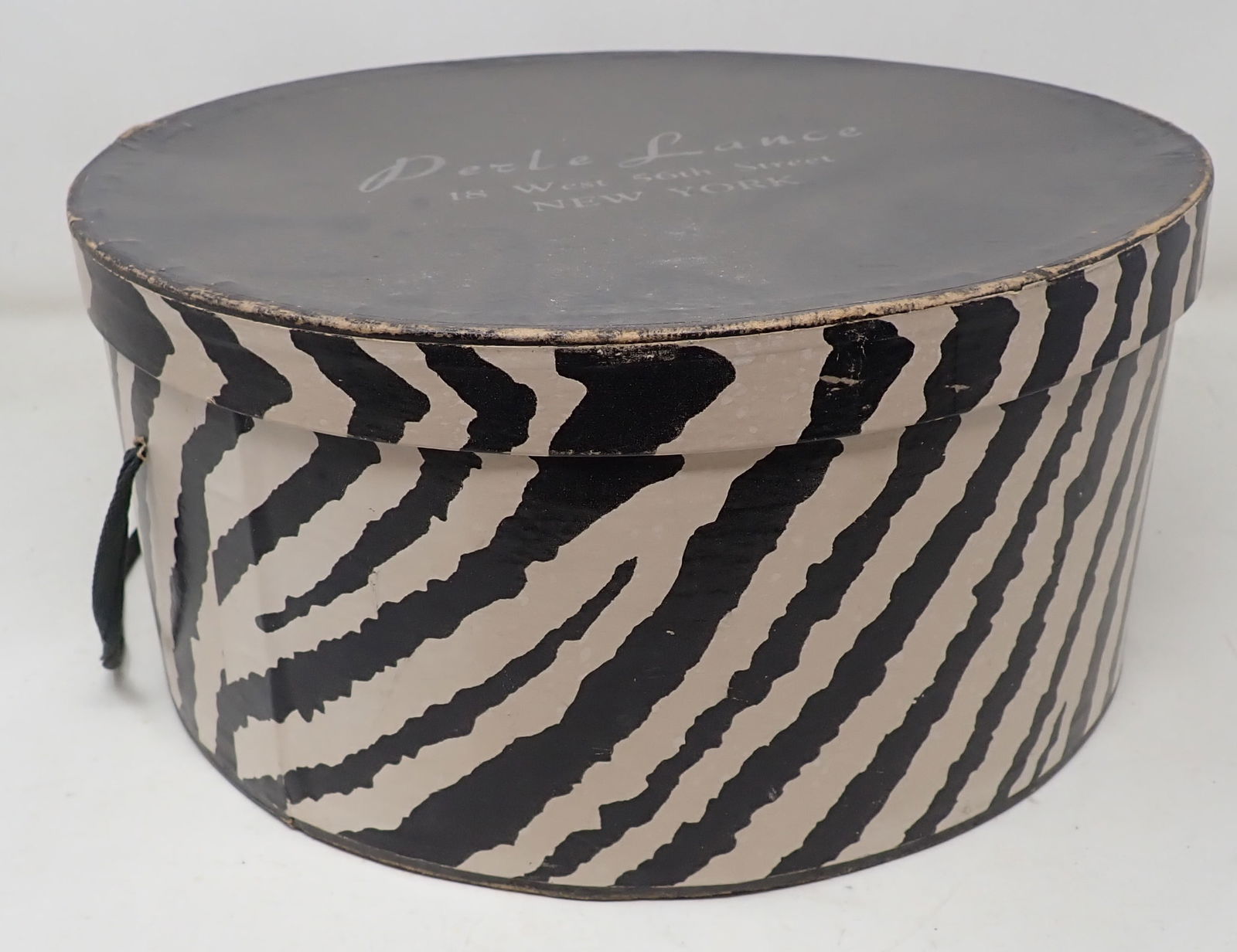 Perle Lance Zebra Hat Box: Apprx 12" in diameter and 6" tall