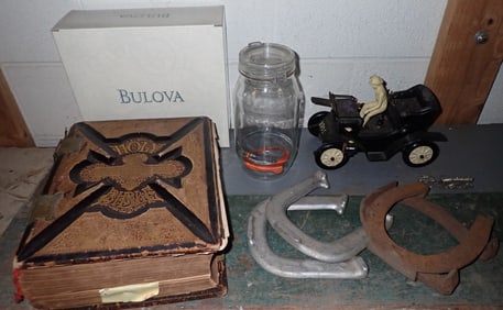 Bible Bulova Clock Horse Shoes Toy Car Pewter Train