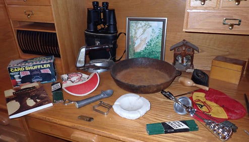 Cast Iron Pan Card Shuffler Sears Binoculars & Misc