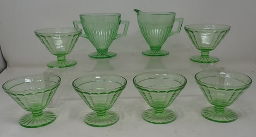 Green Depression Custard Cups Creamer & Sugar