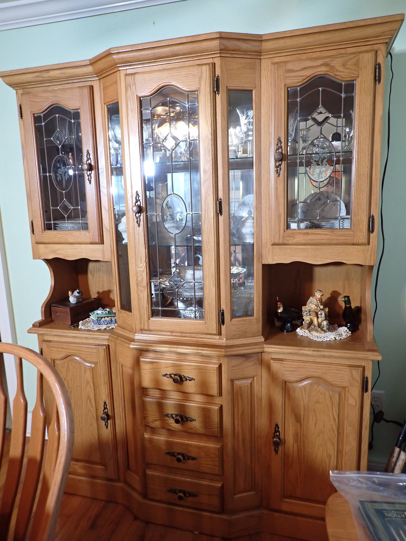 Breakfront: Approx 18 3/4" x 61" x 77" tall. Does not include items in it. Pick up AFTER 1pm only. No in house shipping ! Bring proper help to remove