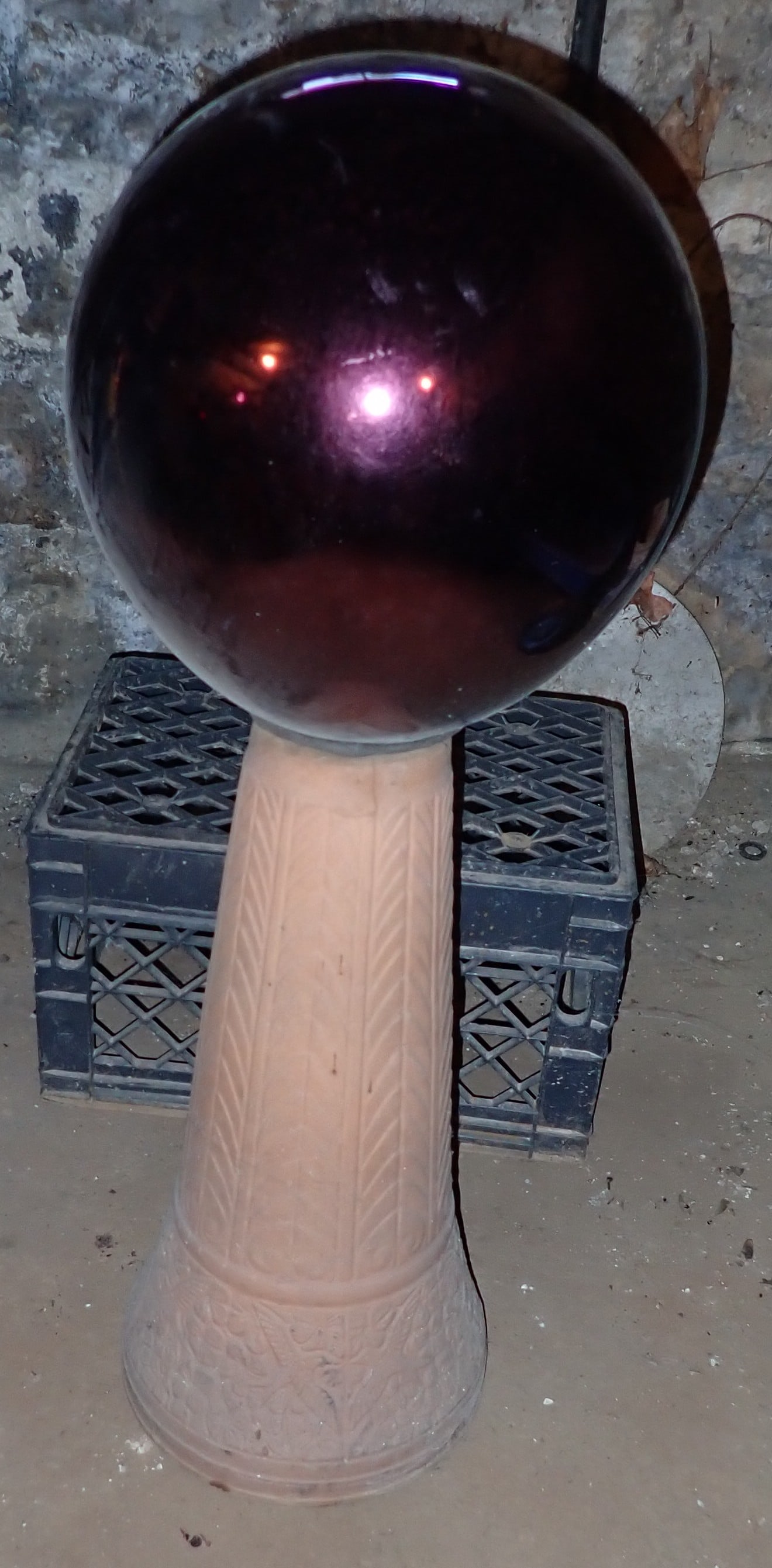 Garden Ball: Approx 12" in diameter and 34" tall. No in house shipping ! Buyer to remove from basement