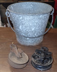Galvanized Bucket & 2 Metal Pullies