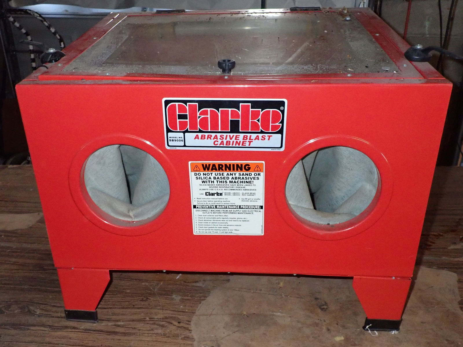 Clarke Abrasive Blast Cabinet: Apprx 23 1/8" x 19 3/8" x 19 1/4" tall. No in house shipping