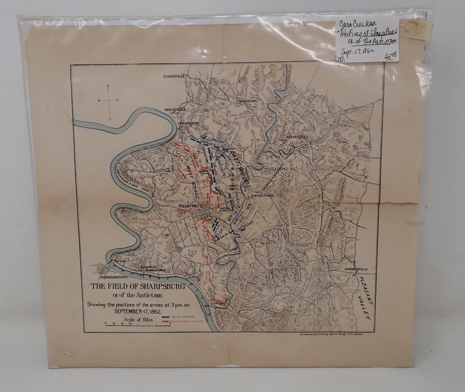 1862 Field of Sharpsburg Map: Showing positions of Army . Approx 10 1/4" x 11 1/2". Drawn & Printed by Geo. Stadly. Shipping available
