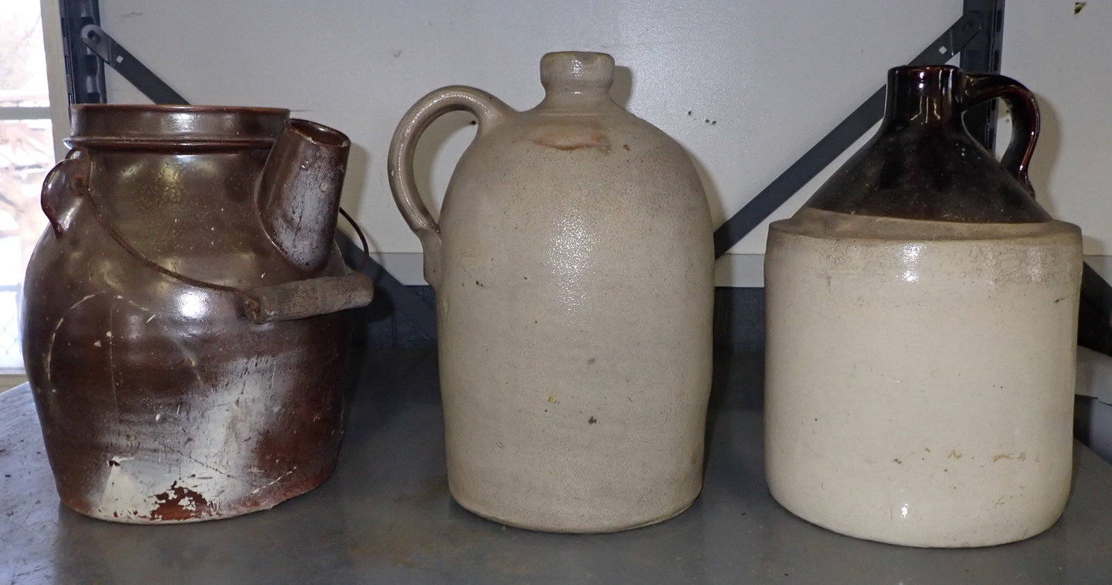 Stoneware Jugs & Batter Jug: Batter jug is approx 10 1/4" tall. No in house shipping !