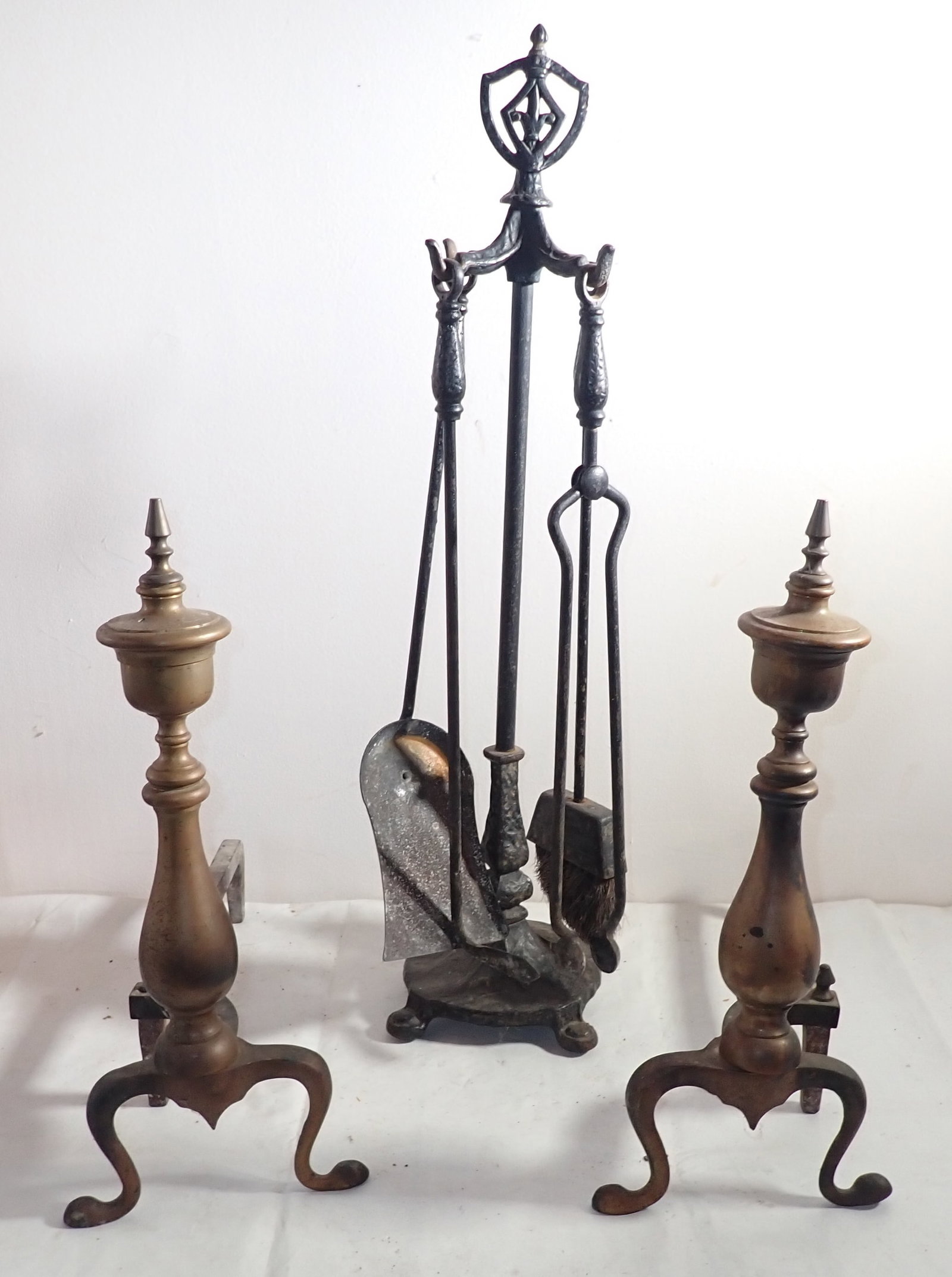 Cast Iron Fireplace Set & Brass Andirons (1 of 4)