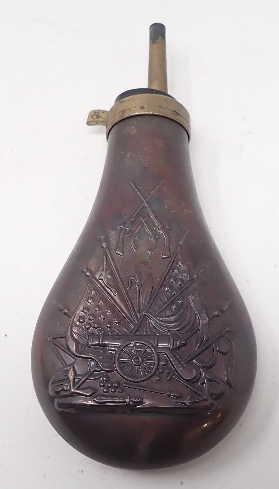 Cannons Firearms & Flags Brass Powder Flask: Approx 3 1/4" x 7 3/4". Shipping available