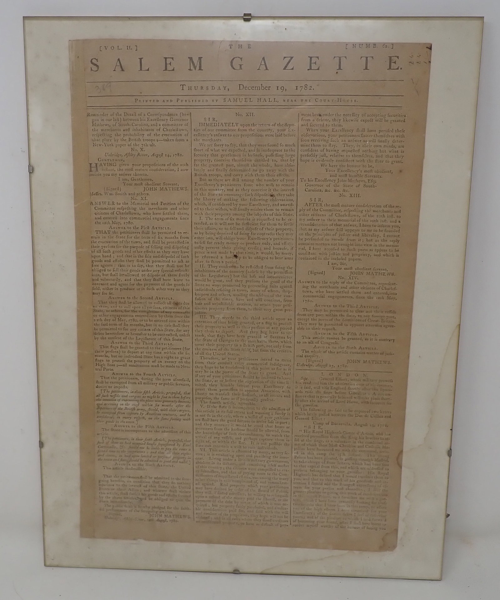 1782 Salem Gazette Revolutionary War Newspaper: Newspaper Printed and Published by Samuel Hall. Measurement of glass is approx 12" x 16". Shipping available