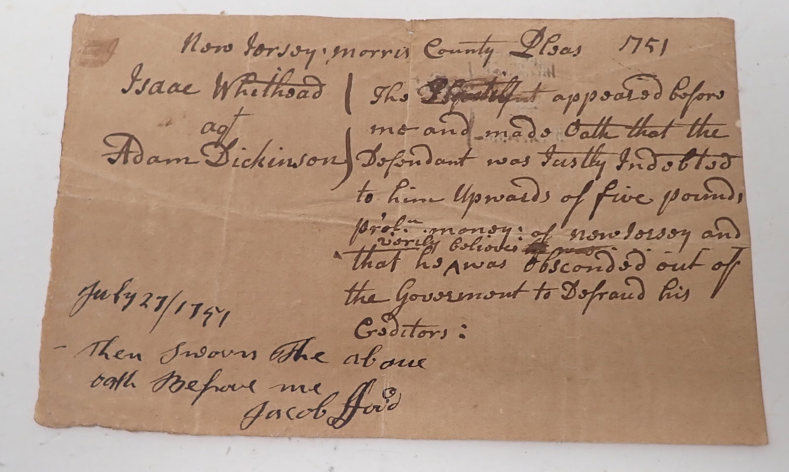 1751 Morric County NJ Legal Note: Approx 4" x 6 1/2" . Shipping available