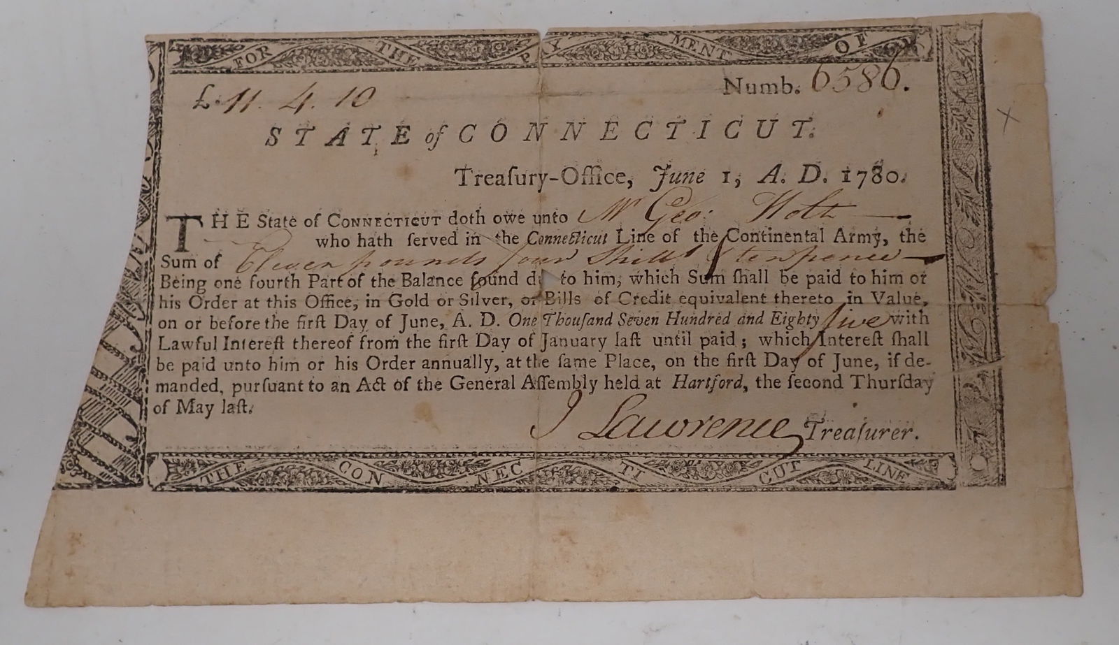 1780 Connecticut Continental Army Pay Script (1 of 7)