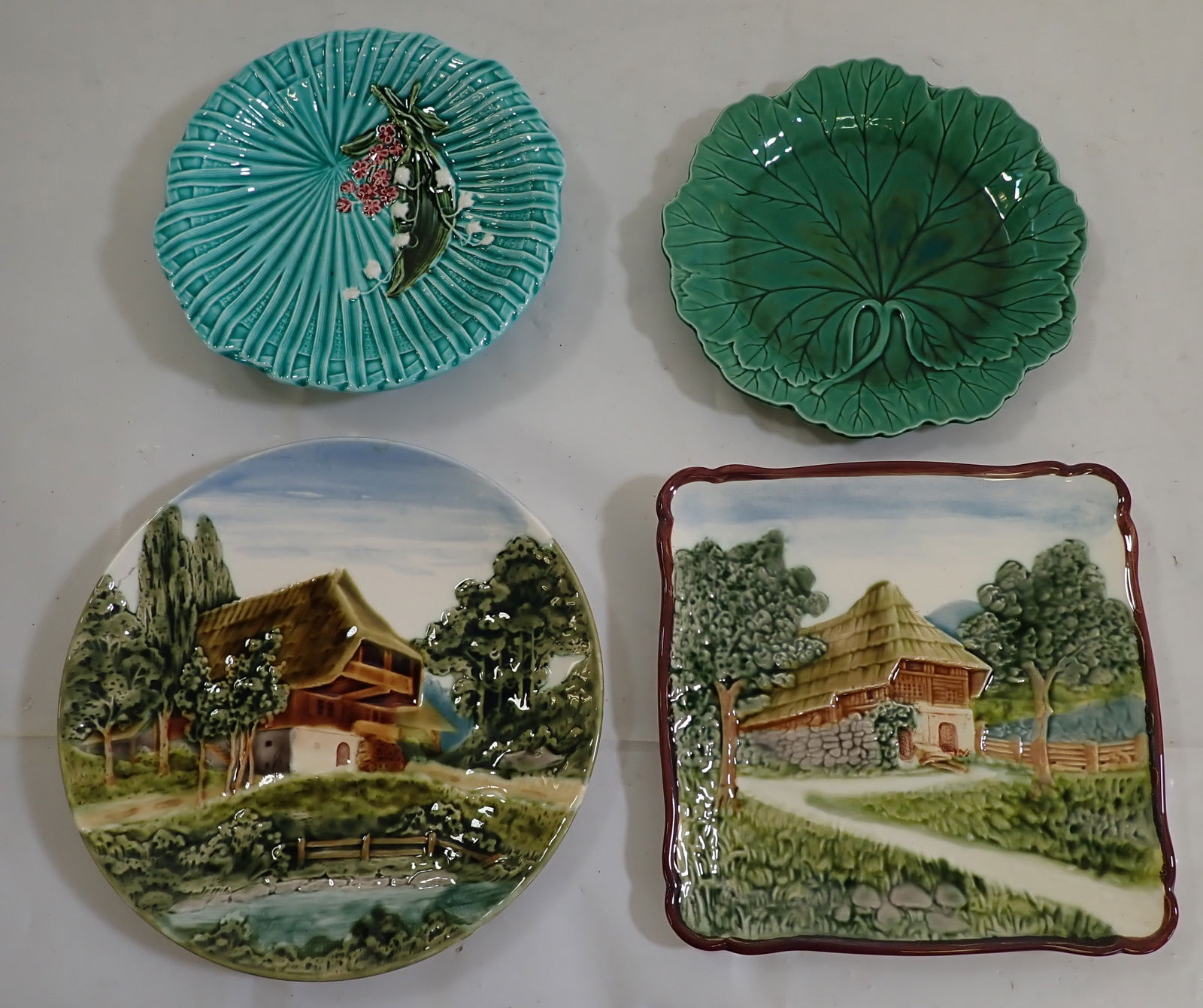 Cico Germany Majolica & Wedgwood Plates: Front right plate is apprx 8 1/4" x 8 1/4". Shipping available