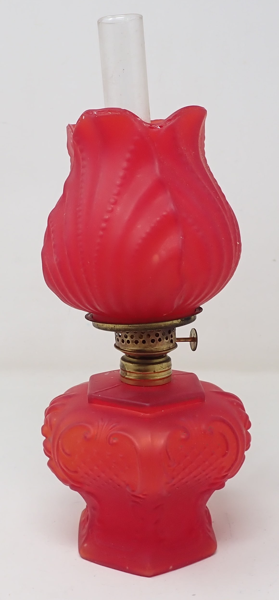 Victorian Satin Cranberry Miniature Oil Lamp: Approx 4 1/4" in diameter and 10 3/4" tall. Shipping available