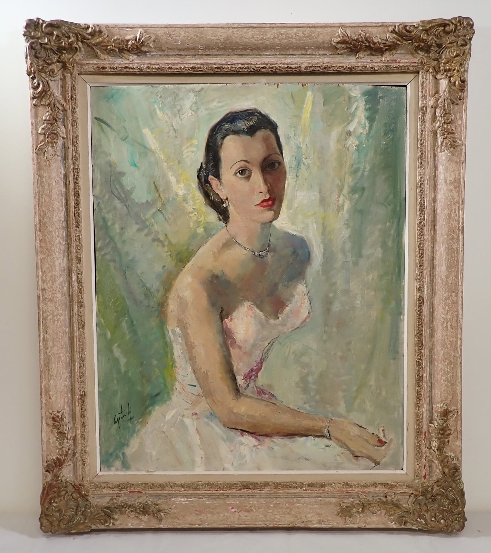 Agostinelli Oil on Board Portrait of Lady: Apprx 34 1/4" x 41". Shipping available thru UPS Store 5528. Get a quote BEFORE bidding !
