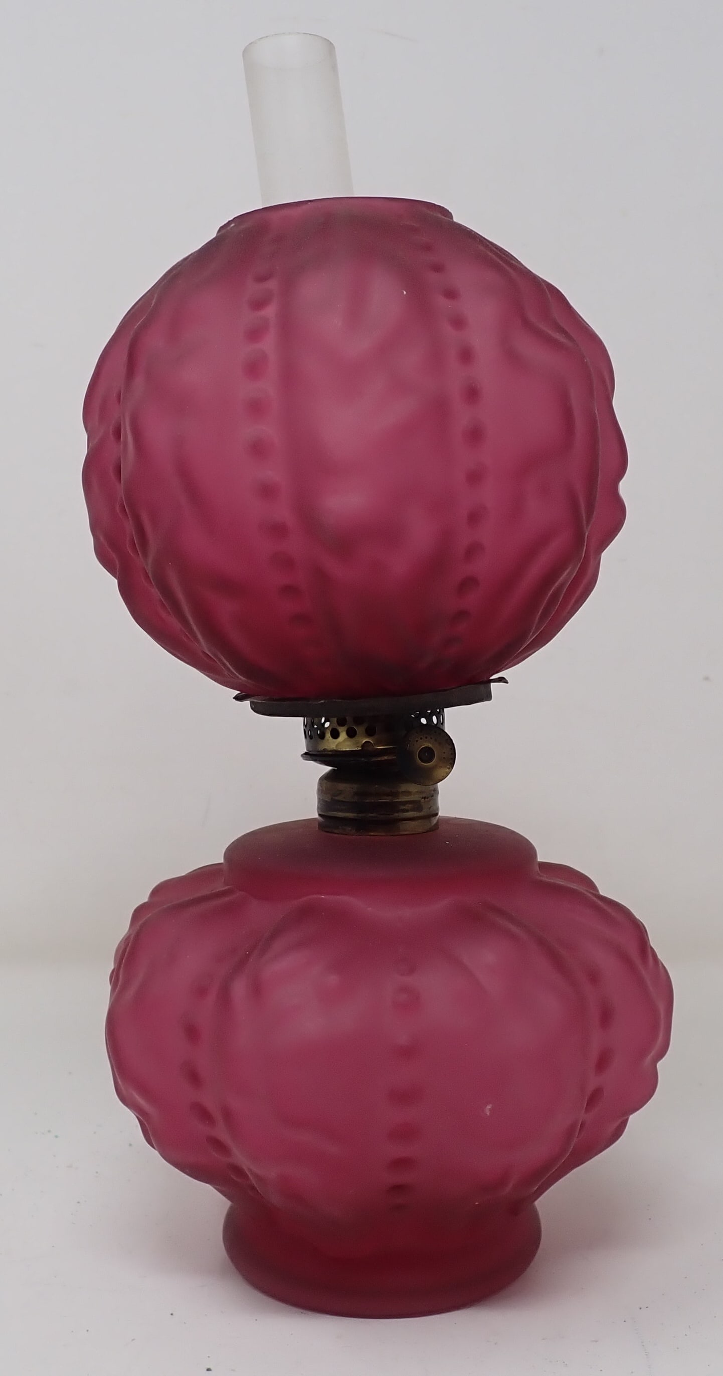 Cranberry Satin Oil Lamp: Approx 4 1/2" in diameter and 11" tall. Shipping available