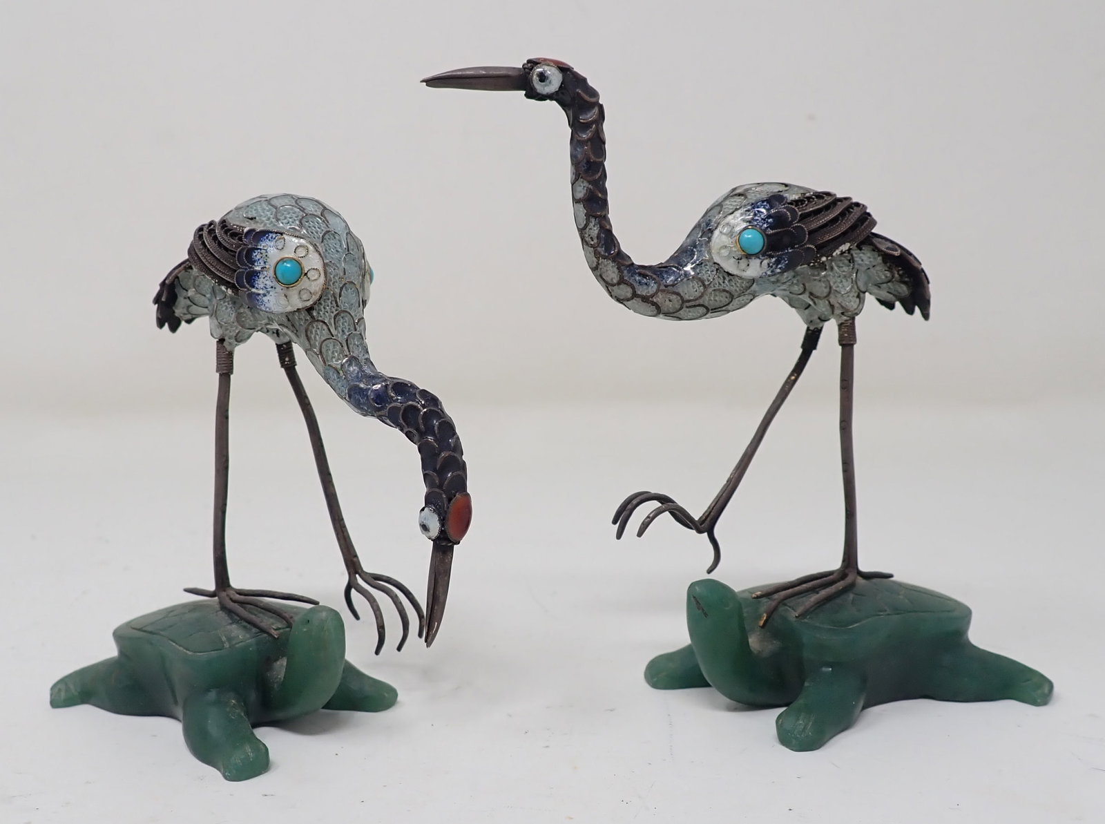 Chinese Cloisonne Enamel Filigree Storks on Jade Turtles: Filigree Storks on jade turtle bases - Tallest is approx 4". Shipping available