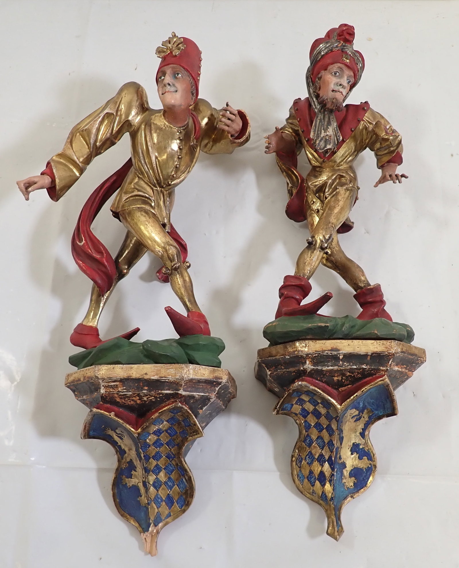 2 Wood Carved Jesters: Apprx 6 1/4" x 21" tall. Shipping available ( additional handling charges apply).