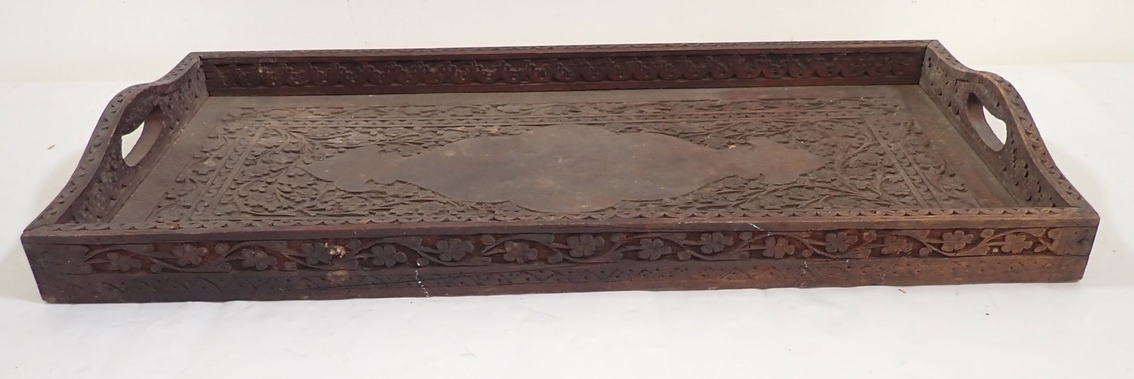 Carved Flower Serving Tray Dovetailed: Wood carved serving tray - Has dovetailed and bottom is hand hewn. Apprx 10" x 21 1/4" x 2 1/2" tall. Shipping available