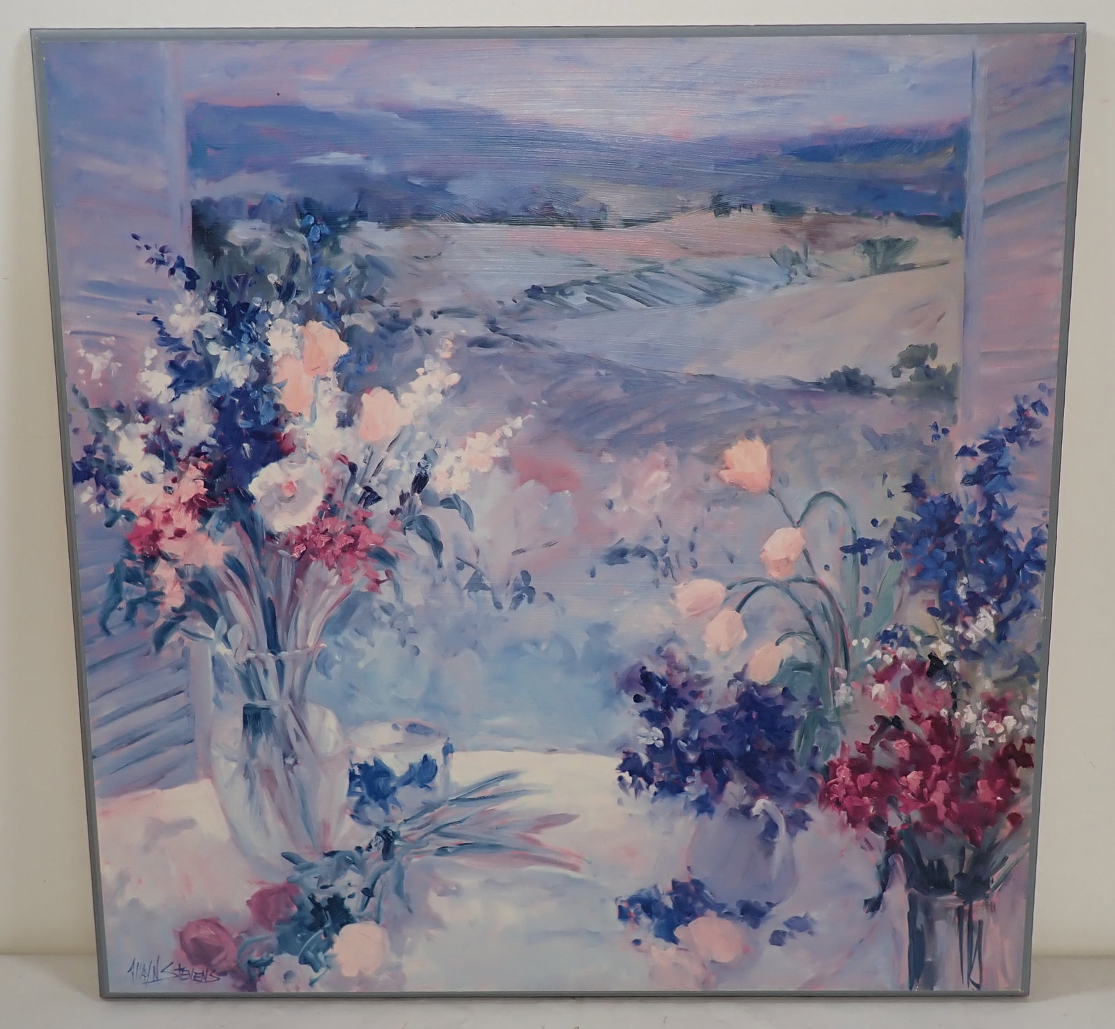Allayn Stevens Oil on Board Flower Painting: Apprx 27 3/4" x 28". Shipping available ( additional handling charges apply)