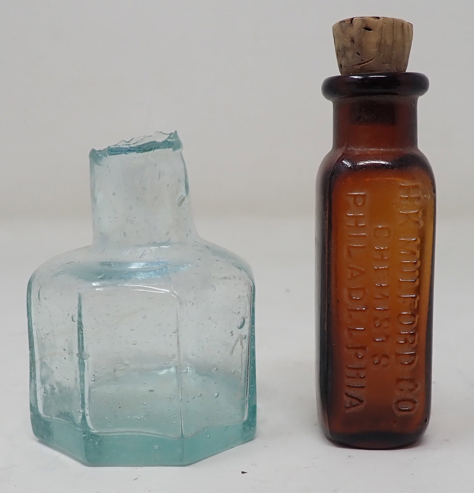 H.K. Mulford Philadelphia Chemists & Ink Bottle: Chemists bottle is approx 2 5/8" tall. Shipping available