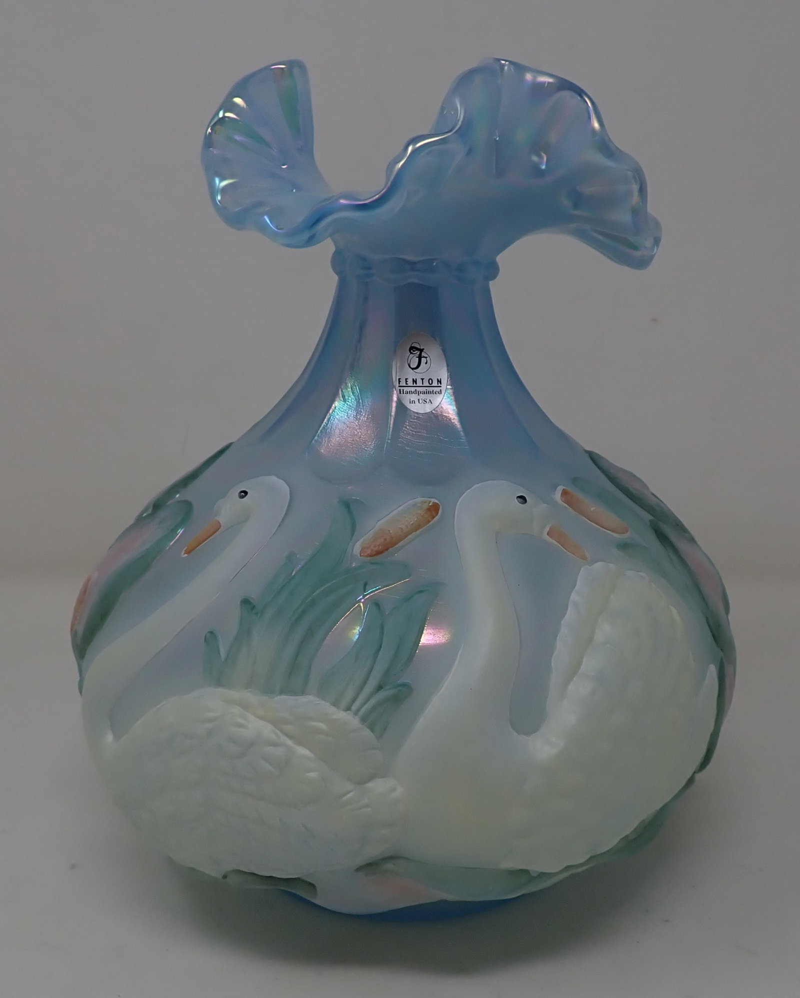 Fenton Lotus Mist Swan Hand Painted Vase: Painted and signed by J.L Nutter. Approx 6 1/2" in diameter and 8" tall. Shipping available