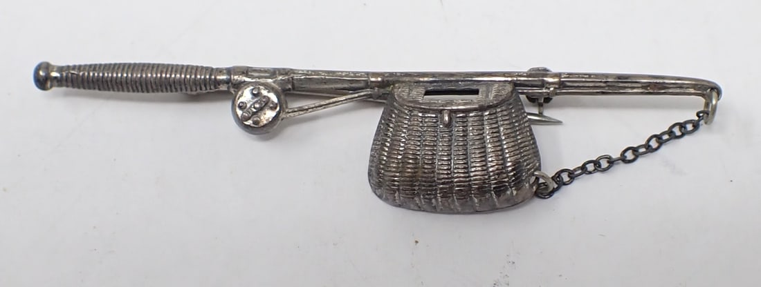 Beau Sterling Silver Fishing Rod & Basket Brooch: Approx 2 1/2" long.