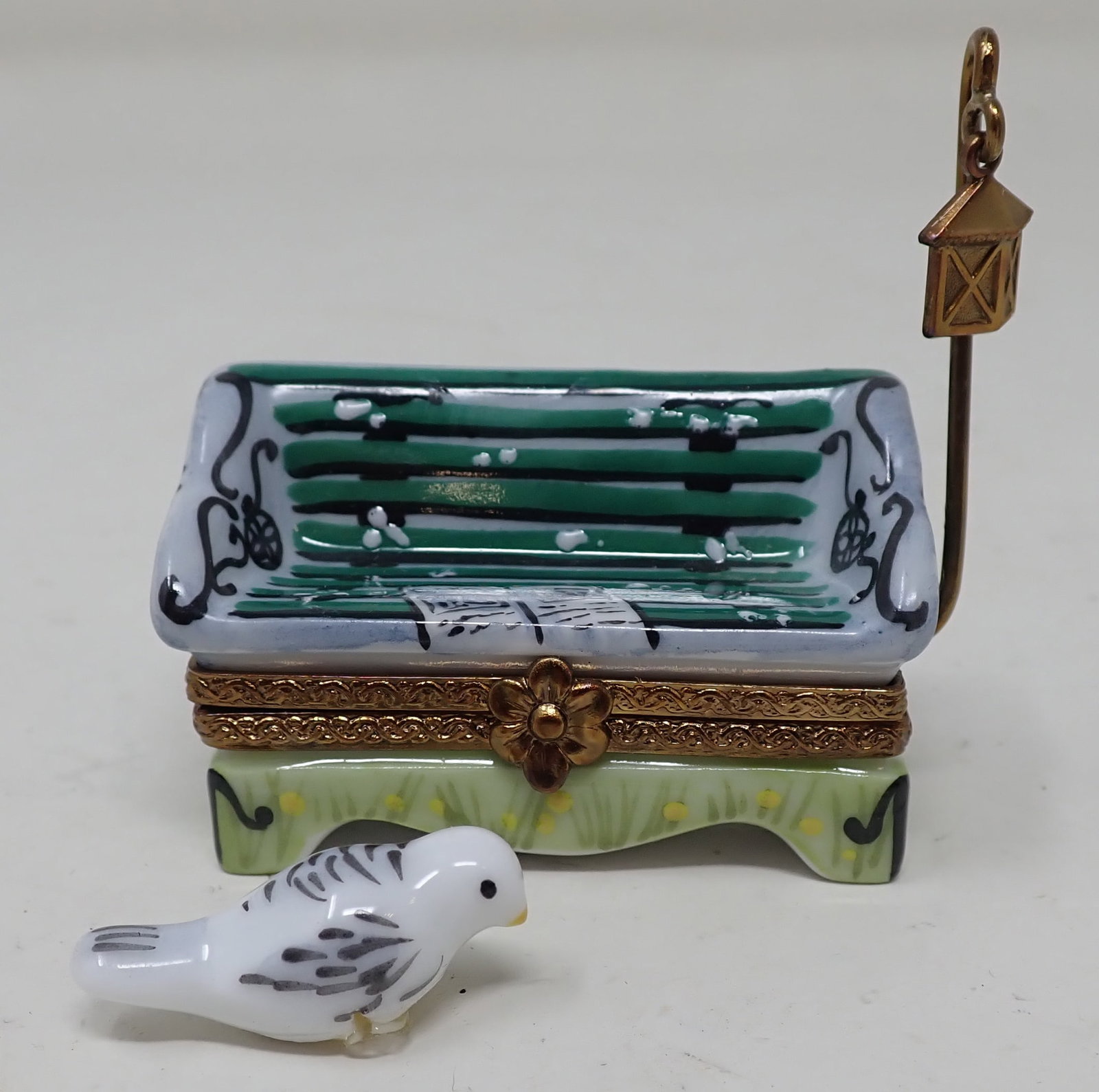 Limoges Bench w/ Bird Trinket Box: Approx 1 7/8" long & 2" tall. Shipping available