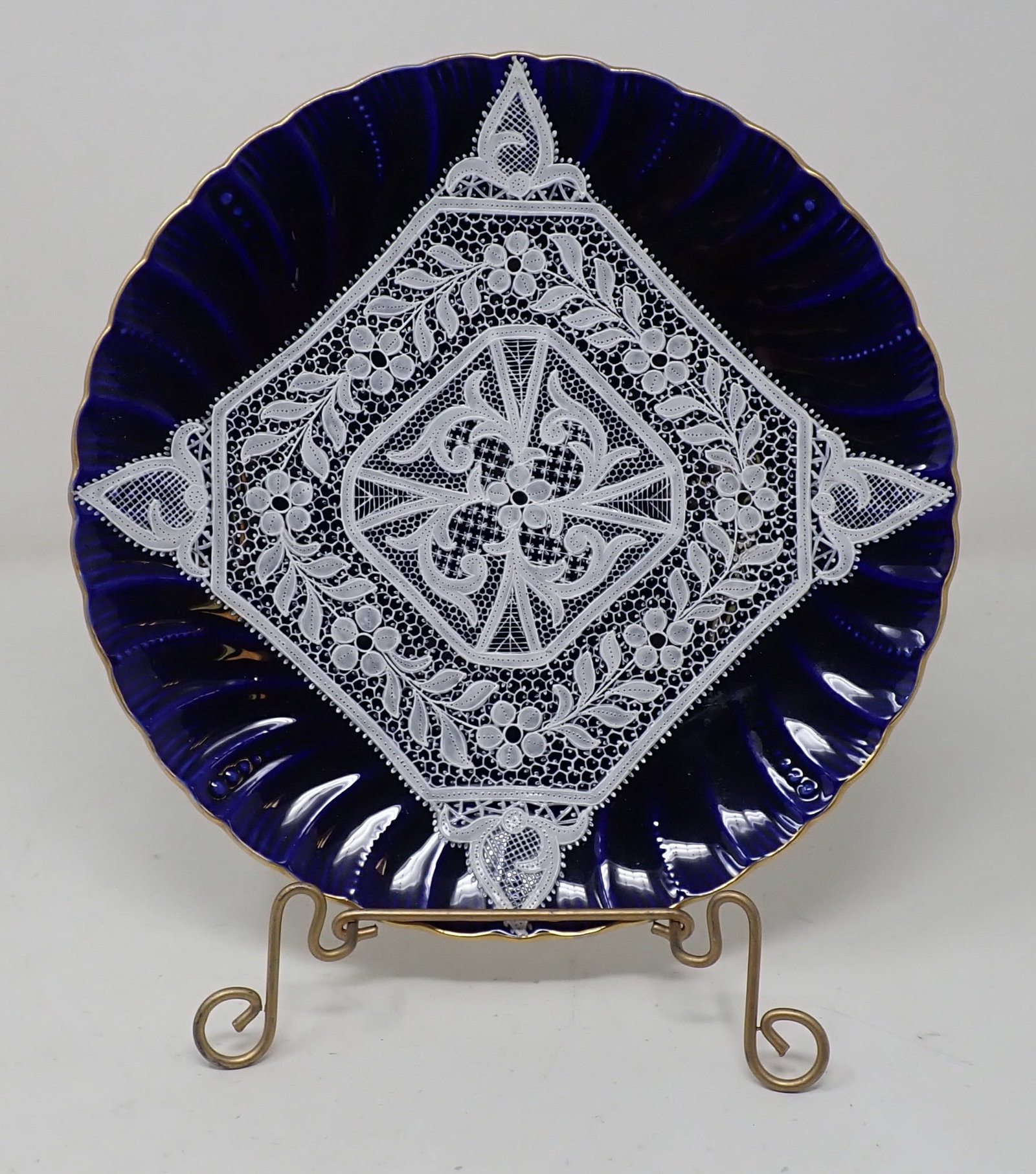 Venetian Blue Cobalt Salad Plate w/ Enameled Lace: Cobalt Blue plate w/ Enameled Lace - 8 1/8" in diameter. Shipping available