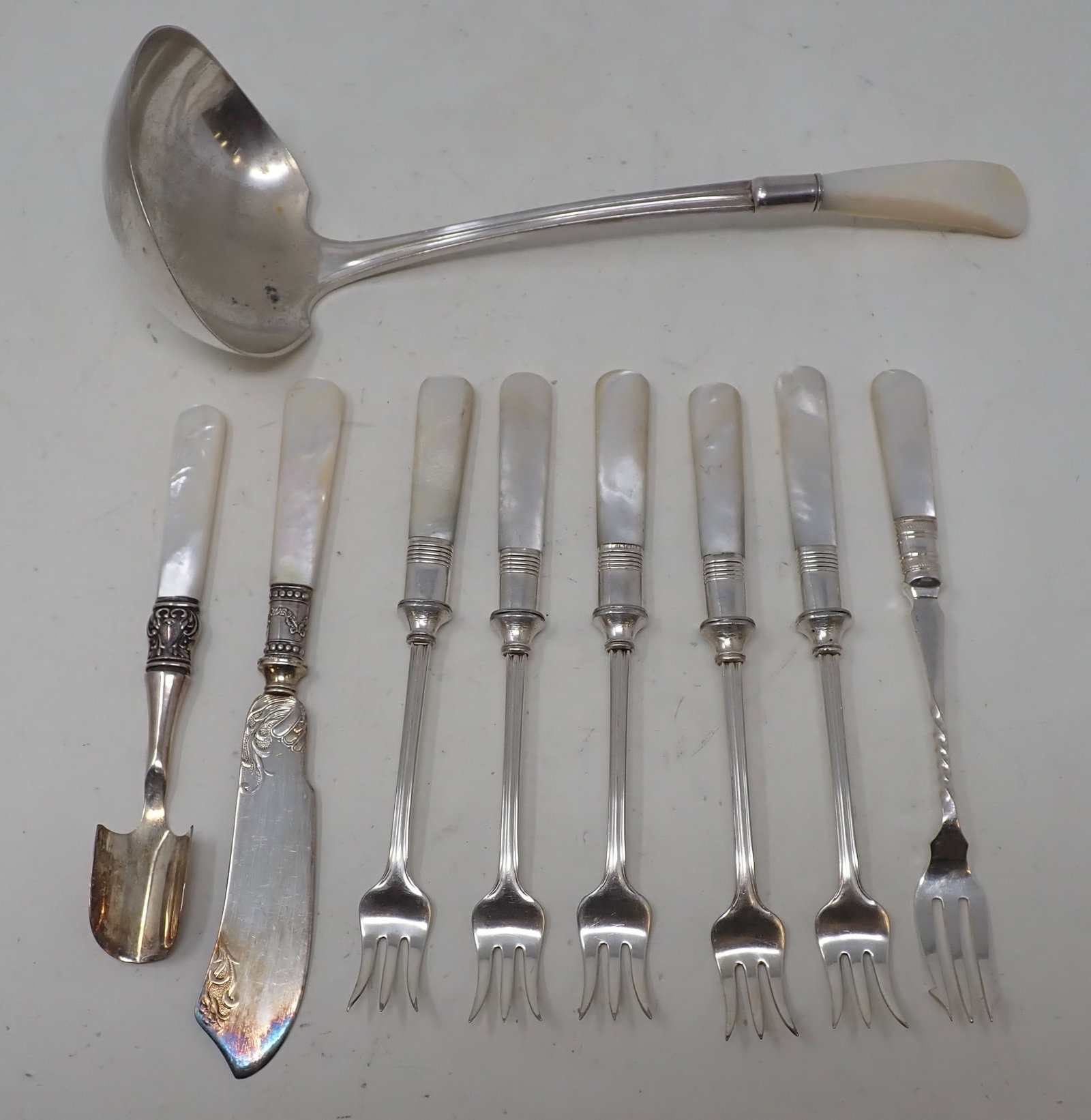 Ladle Pickle Forks w/ Mother of Pearl & Sterling Silver: Ladle is approx 9 1/2" long. Shipping available