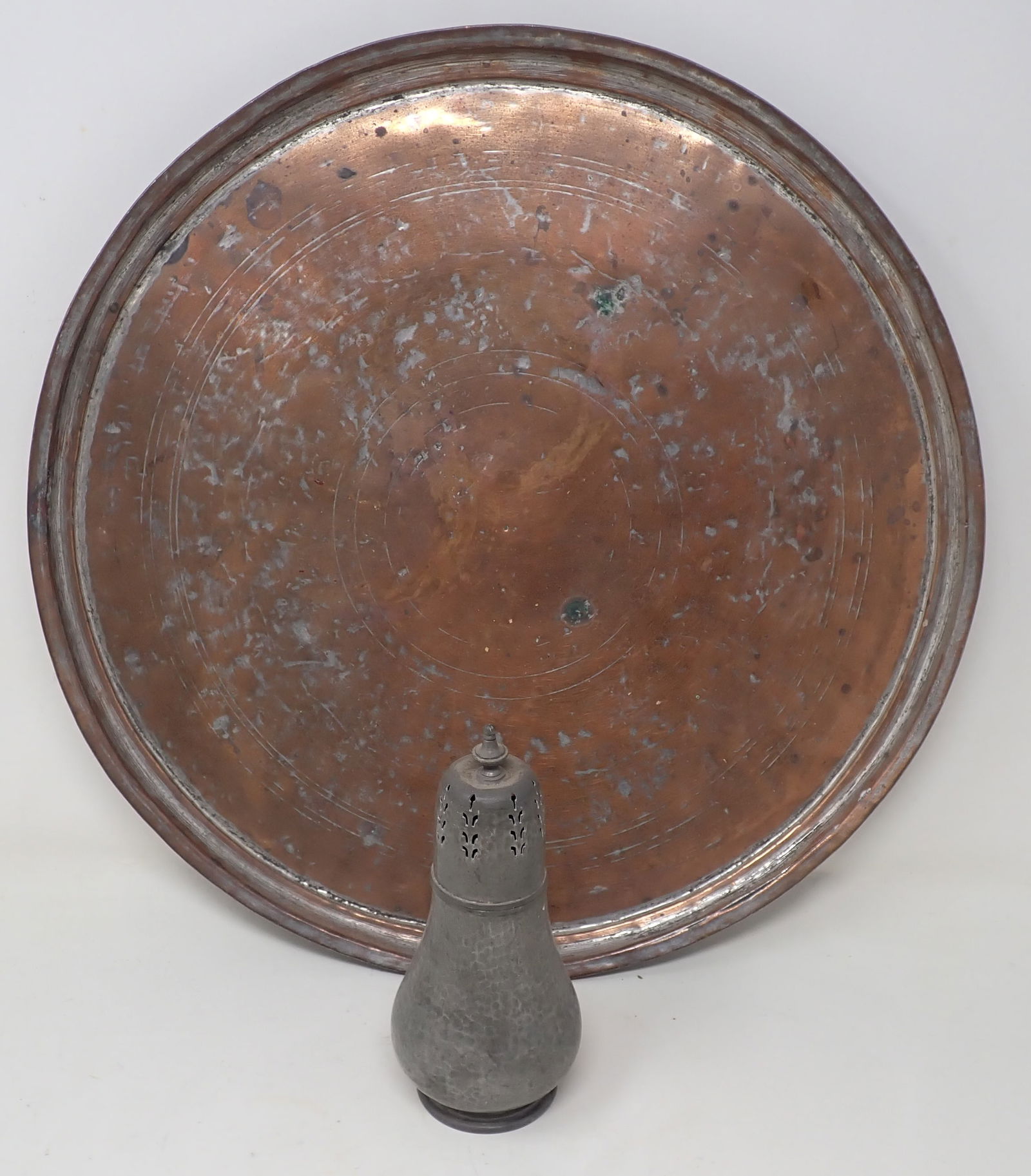 Copper Serving Tray & Unity Pewter Muffineer: Tray is approx 16" in diameter. Shipping available