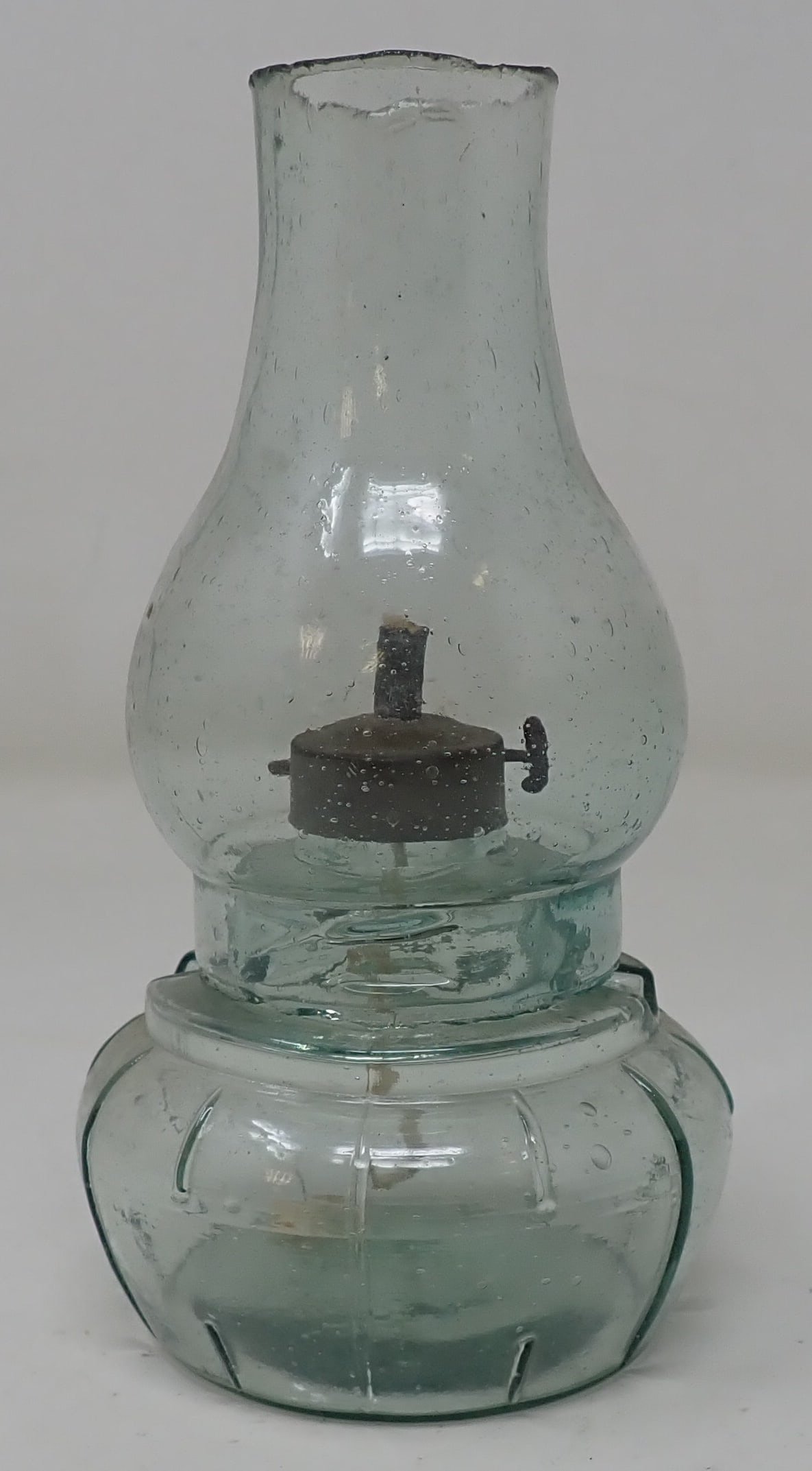 Early Aqua Glass Oil Lamp: Apprx 2 3/4" in diameter and 5 3/4" tall. Shipping available