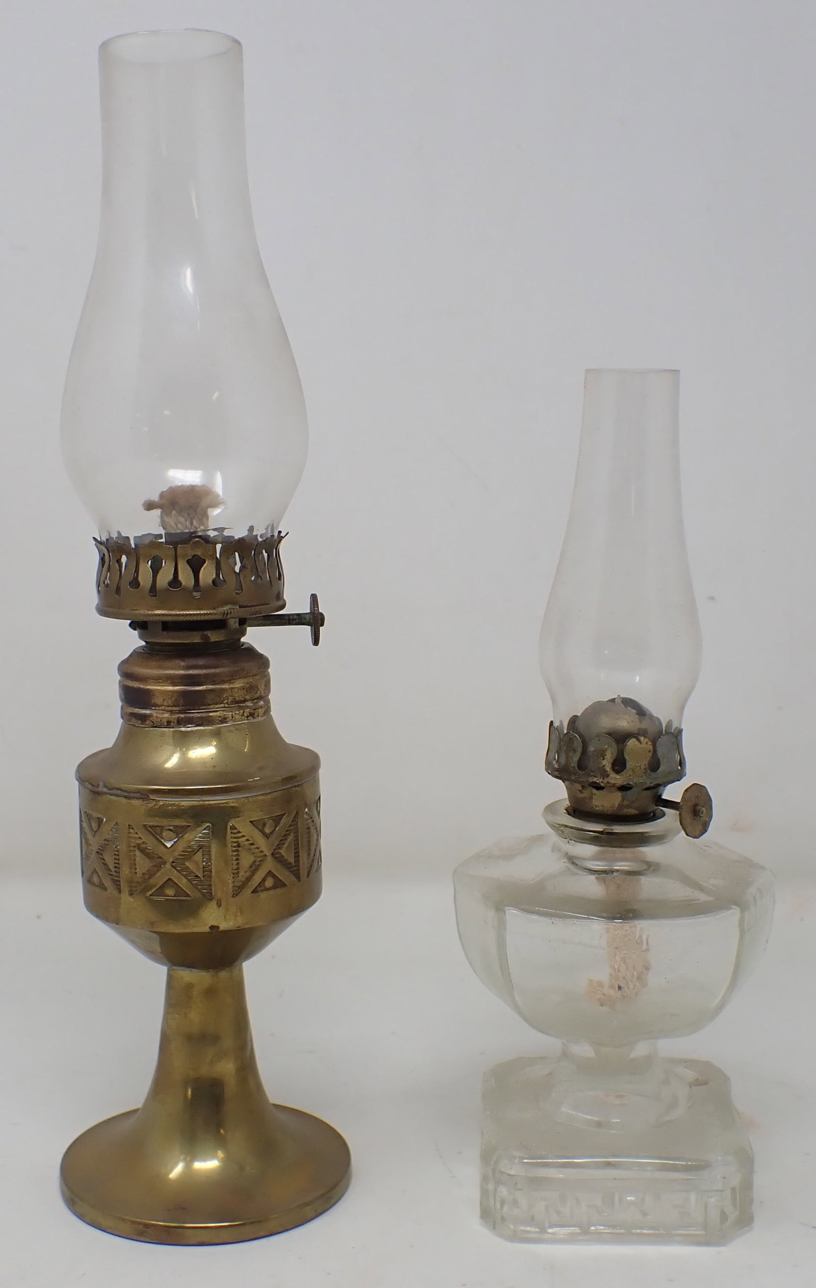 2 Miniature Oil Lamps incl Saxony Brass: Tallest is approx 10 1/4" tall. Shipping available