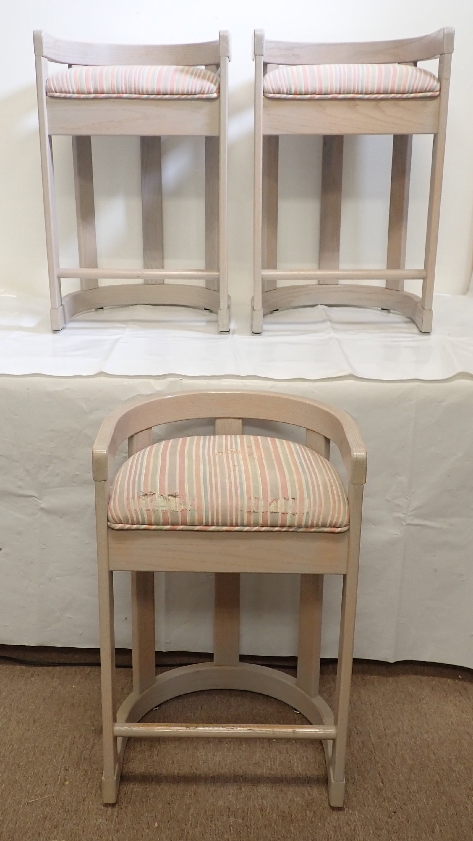 3 Stools: Approx 18" wide, 24 1/2" to seat, 14" deep, 27 3/4" tall. No in house shipping !