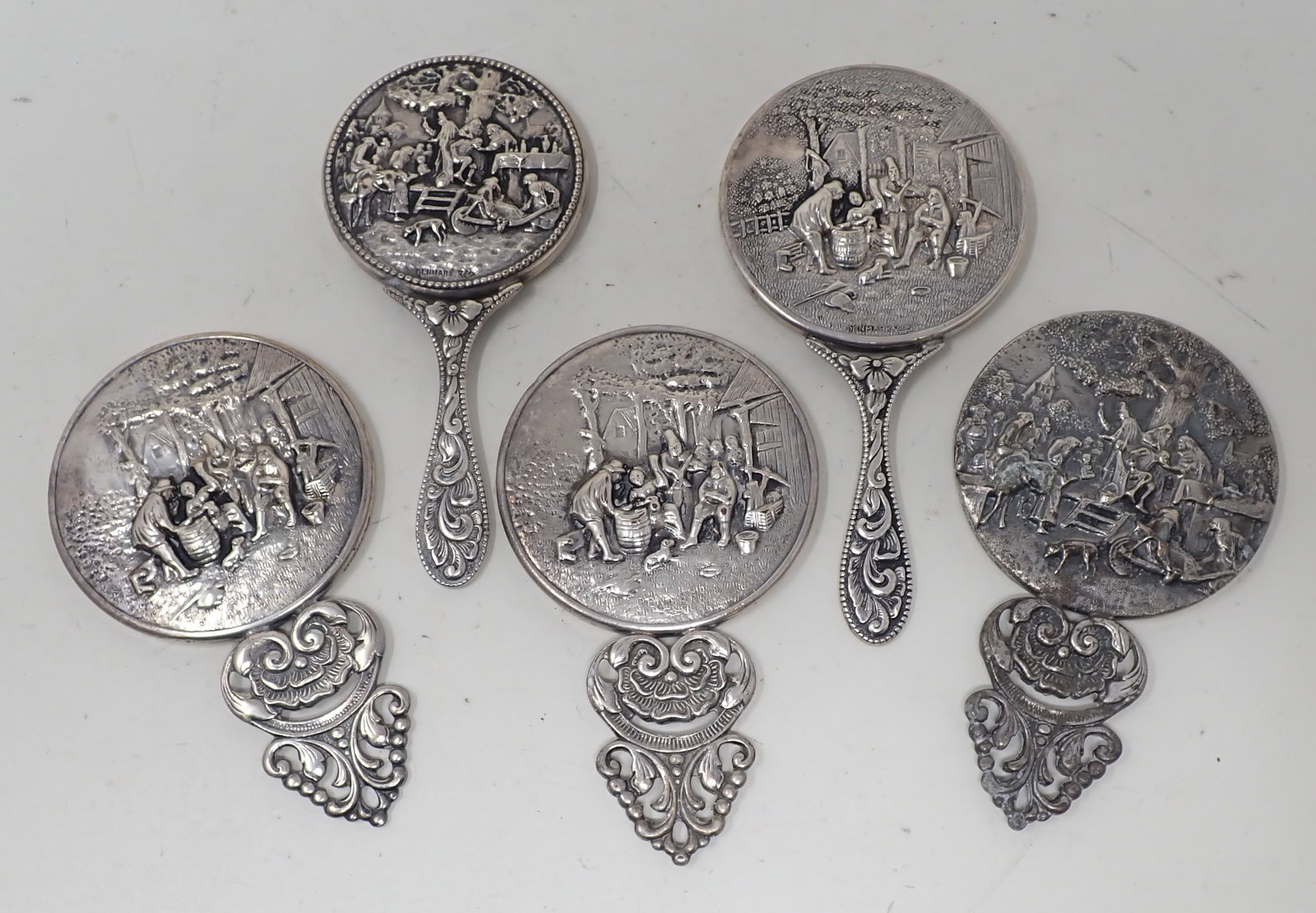 5 Danish Silver Repousse Pocket Mirrors: Longest is approx 5 1/8" long. Shipping available