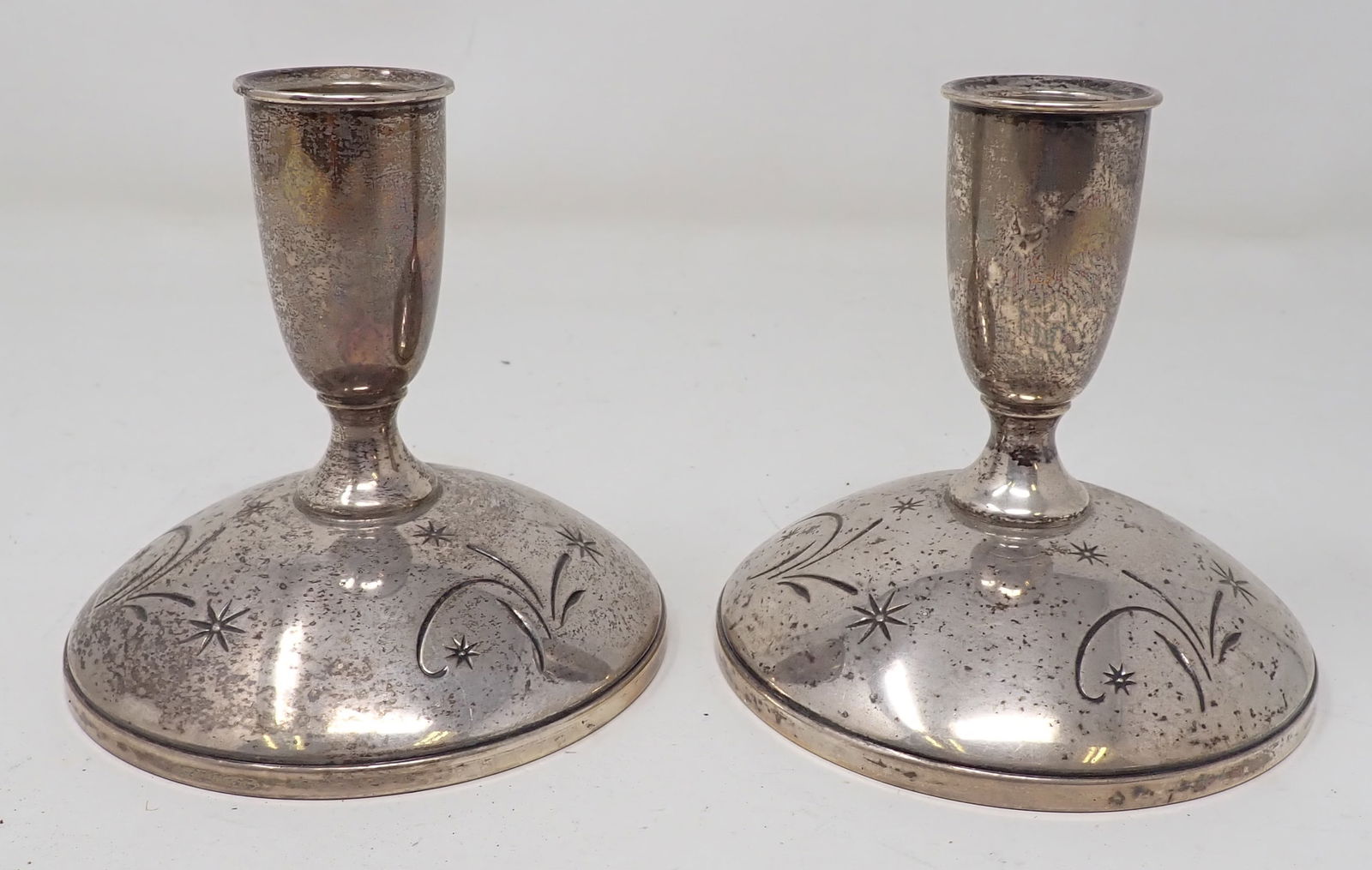 Gorham Sterling Silver 1335 Candlesticks: Apprx 3 3/4" in diameter and 3 3/4" tall. These are weighted and weigh apprx 655 grams. Shipping available