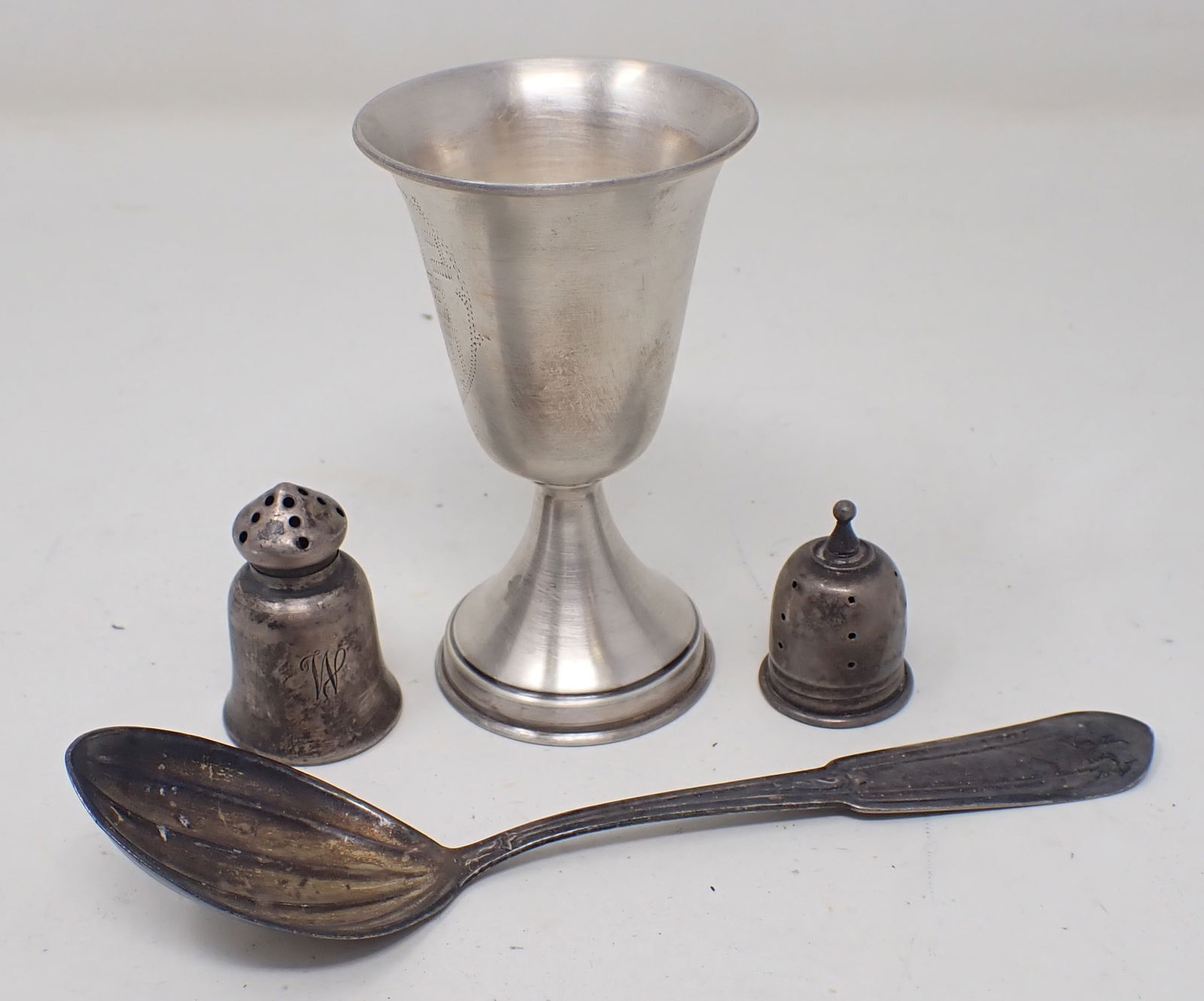 Sterling Silver Cup Spoon Shaker & Top: Cup is approx 3 1/2" tall. Total weight is approx 55 grams. Shipping available