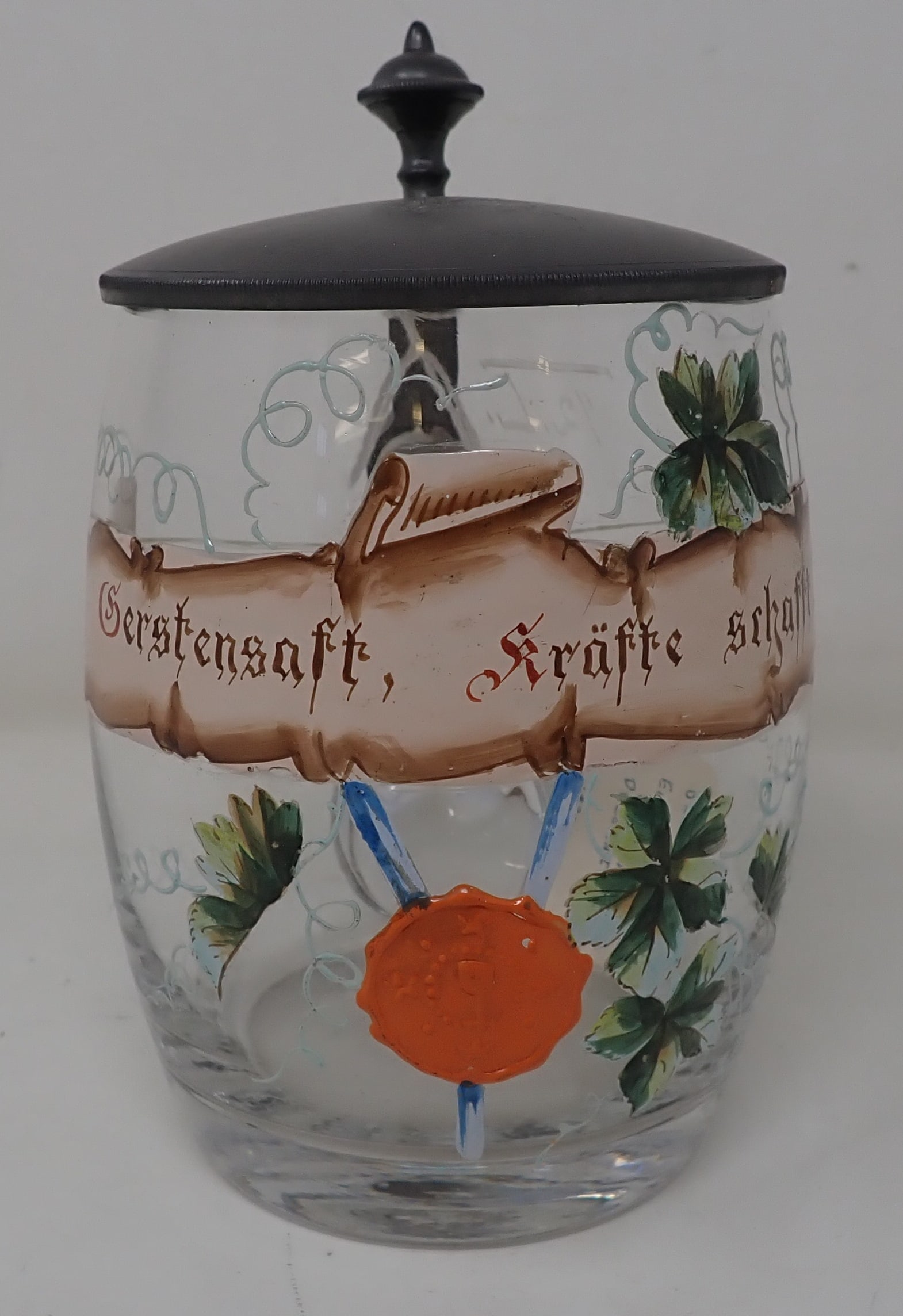 Enameled Stein w/ Pewter Lid: Apprx 5 7/8" tall. Shipping available