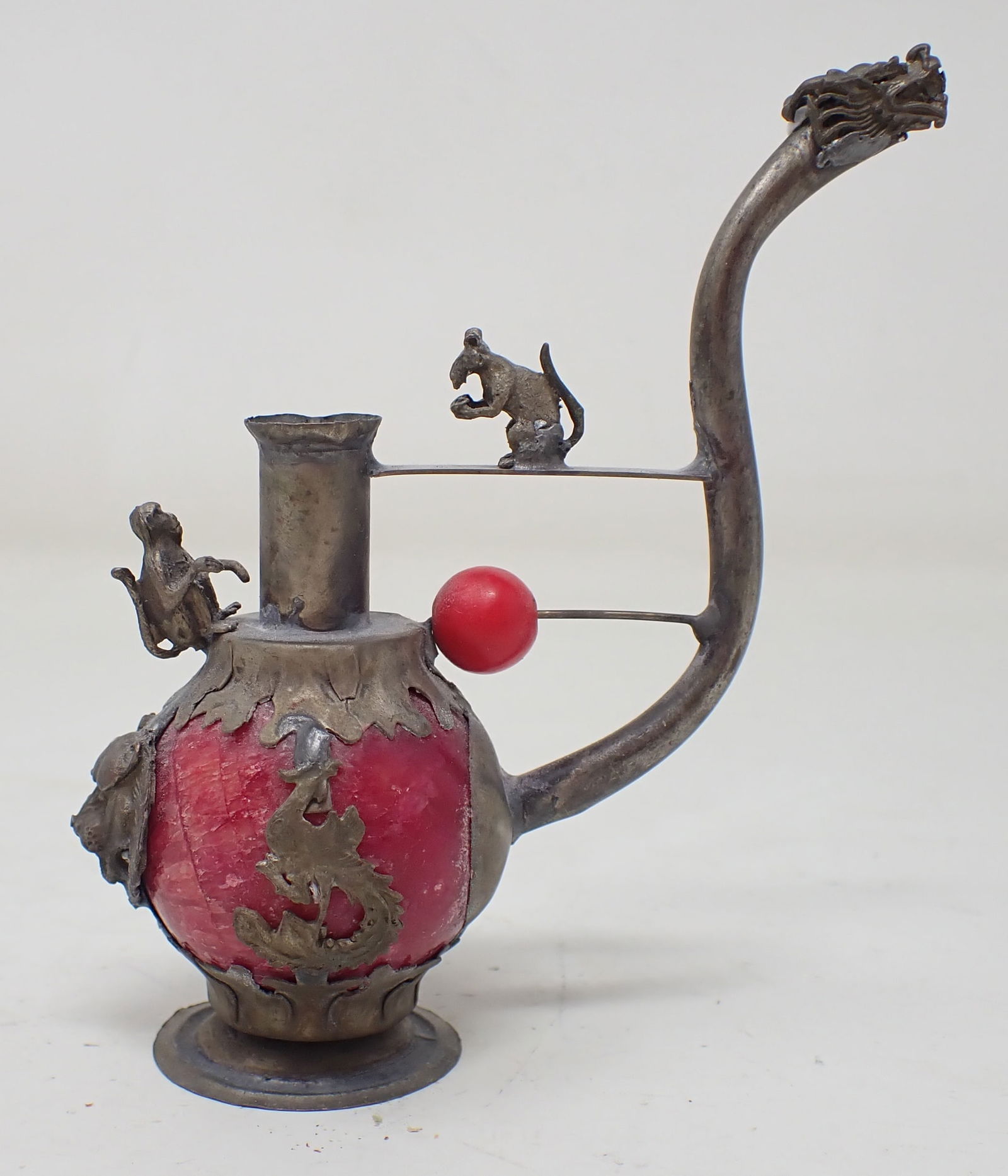 Chinese Brass & Marble Folk Art Pipe w/ Dragon & Rat (1 of 6)