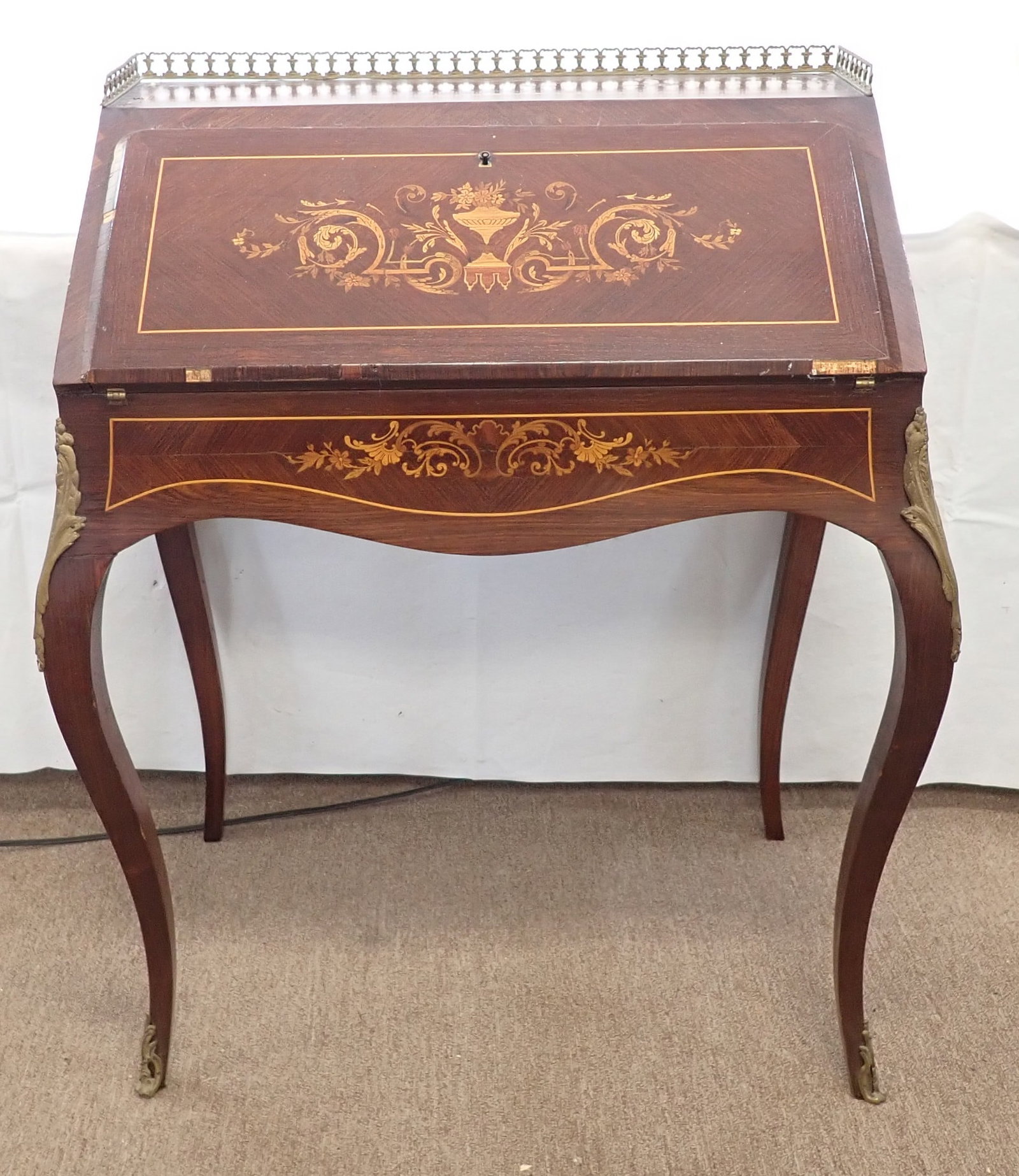 French Marquetry Rosewood Ladies Writing Desk: Approx 19" x 30" x 36" tall. No in house shipping !