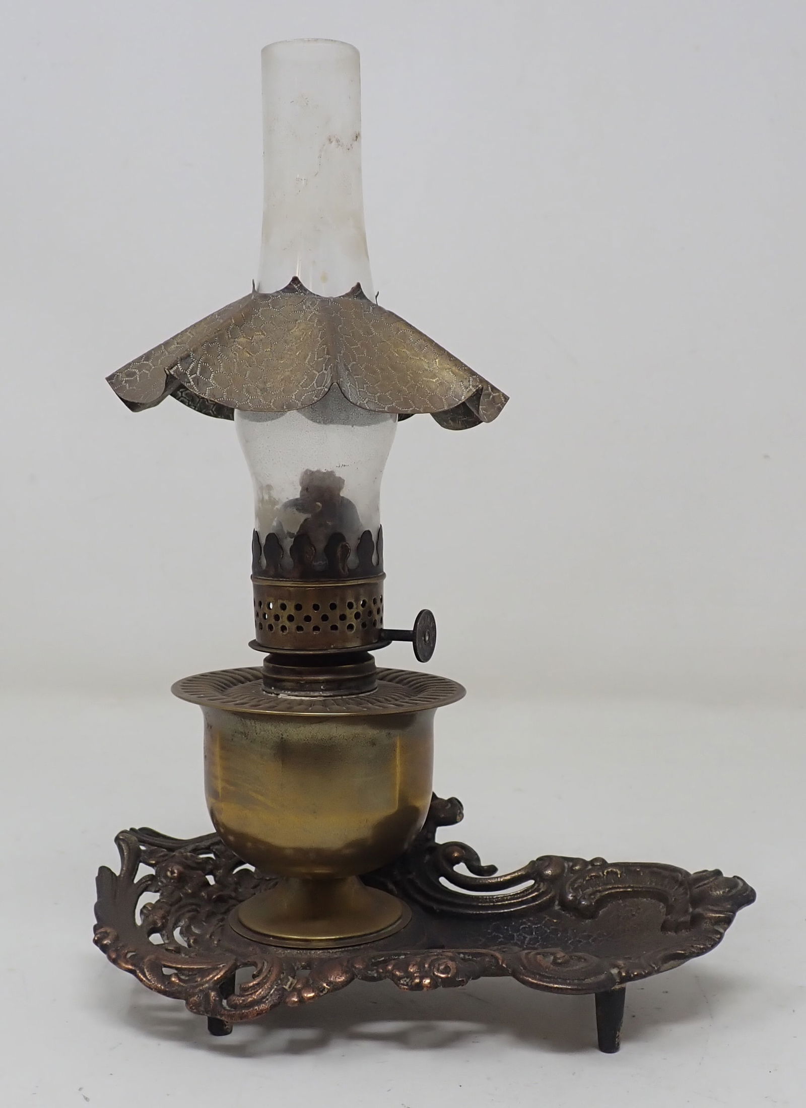 Early Miniature Brass Oil Lamp w/ Iron Base (1 of 9)